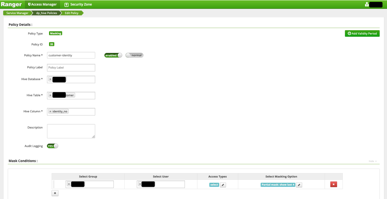 Ranger Hive masking policy